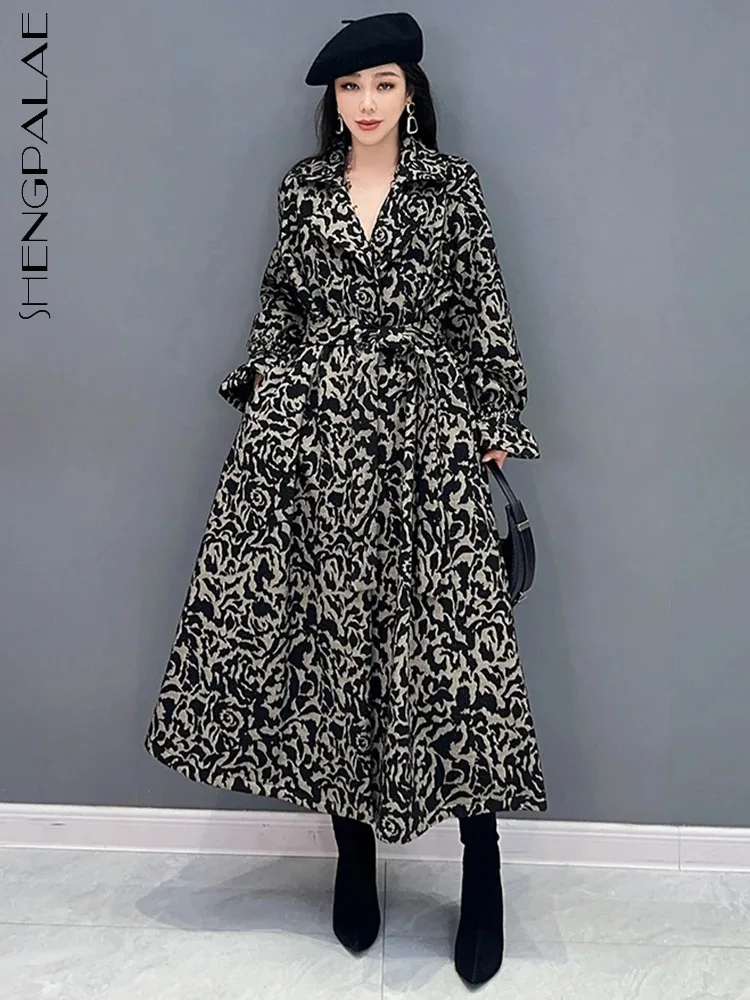 

SHENGPALAE Fashion Printed Trench For Women Autumn 2023 New Notched Collar Lace Up Waist Vintage Windbreaker Coat Female 5R7743