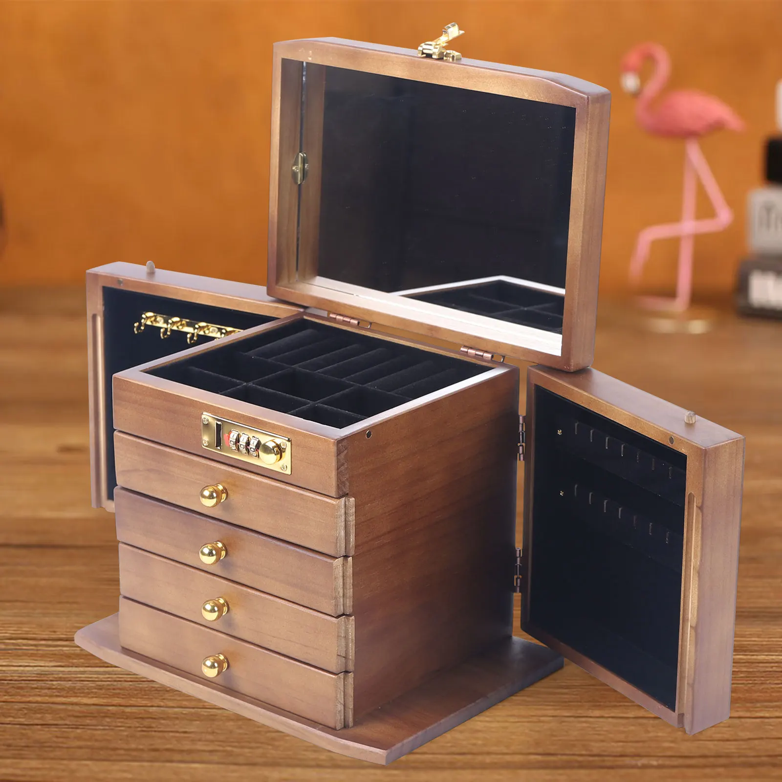 

Wooden Jewelry Storage Box with Combo Lock for Jewelries, Necklace and Watches