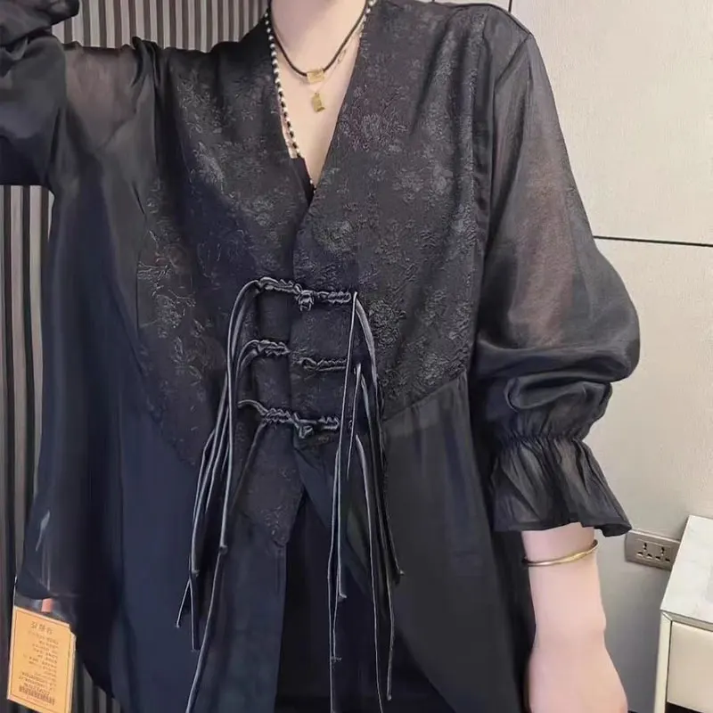 Chinese Disc Buckle V-Neck Shirt Female Clothing Vintage Fashion Jacquard Weave Spring Autumn Loose Spliced Long Sleeve Blouse