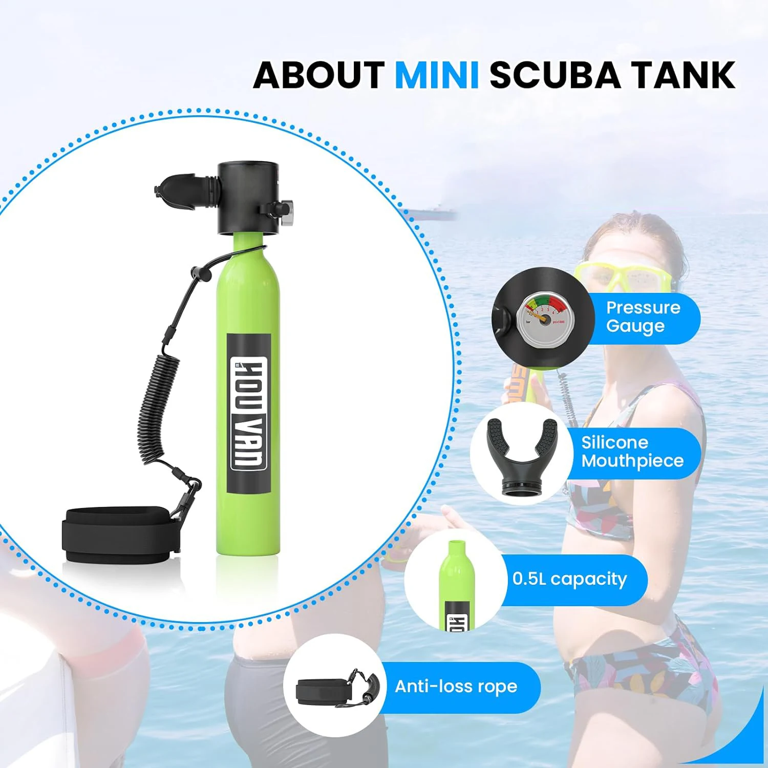 0.5L Mini Diving Tank HOUVAN lanyard Scuba Diving Equipment Cylinder Underwater Exploration Outdoor Travel