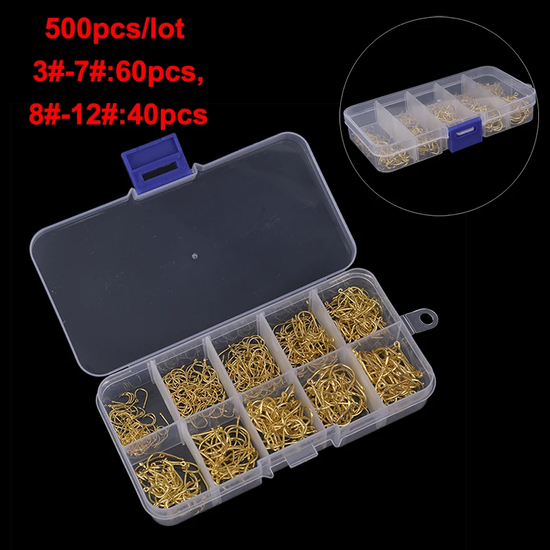 

500Pcs/set #3~#12 Fishing Hooks Carbon Steel Golden Fishhooks With Retail Box Fishing Tools