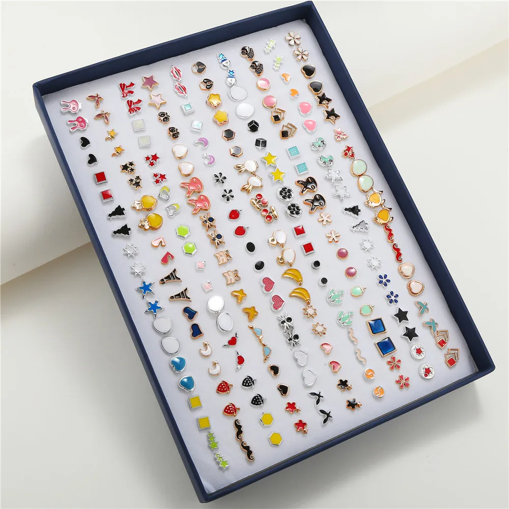 100 Pair/Lot Small Mini Stud Earring Set For Girl Love Star Animal Geometric Random Female Wedding Party Ear Jewelry Accessories 4