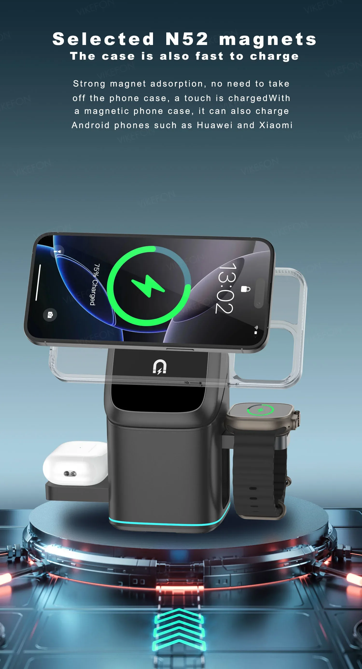 3-in-1 Electric Rotation Magnetic Wireless Charger With LED Breathing Light For Mag Safe IPhone 16 15 14 13 12 IPhone Watch Pro_voghion.com