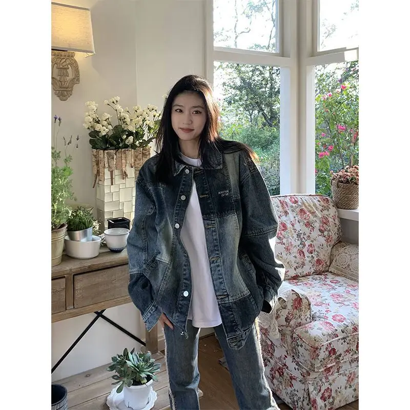 

SuperAen Vintage Paneled Denim Jacket Women's Autumn Loose New Design Oversize Color-block Denim Jacket Coat