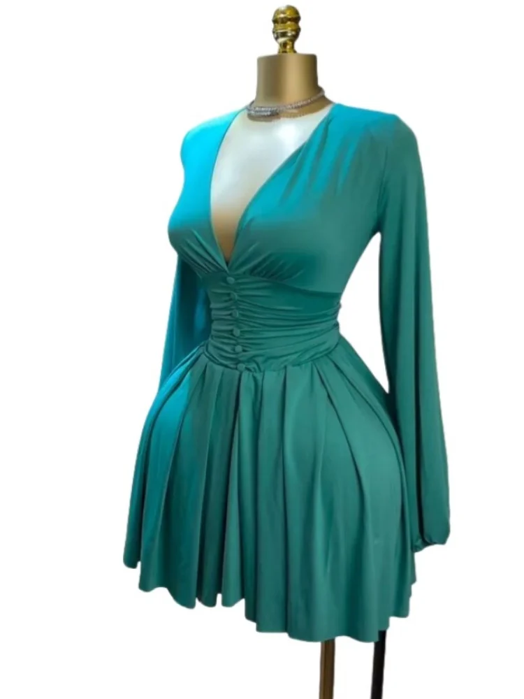 Wmstar Dresses Women Wholesale Solid Women's Pleated Deep V Neck Long Sleeved Dress with A New Style Skirt Women Clothing