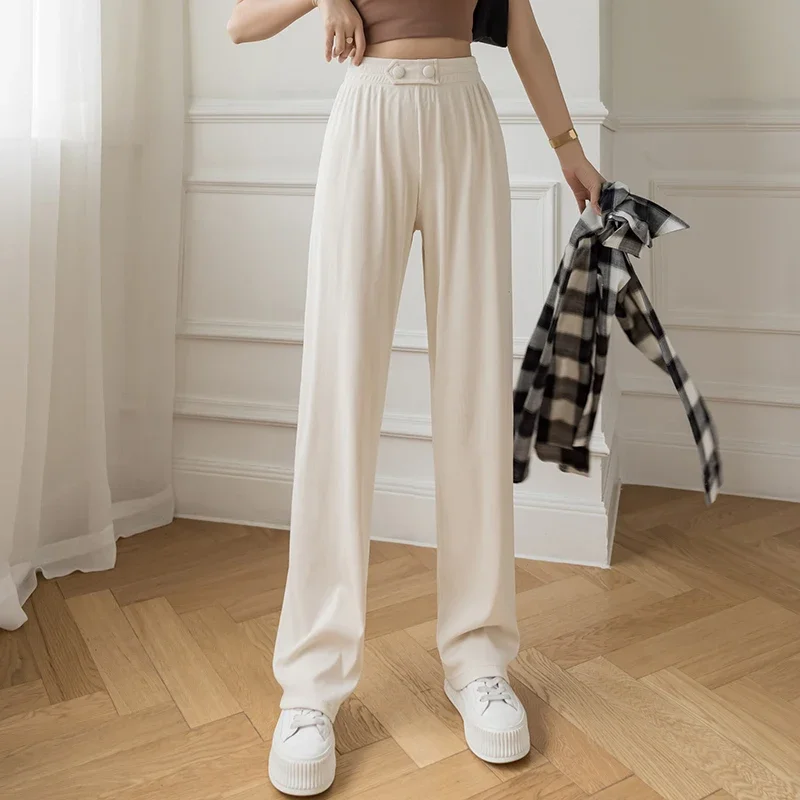 Women Casual High Waist Loose Straight Trousers Solid Elastic Waist Pants 2024 Female Summer Elegant Wide Leg Pant Long Bottom