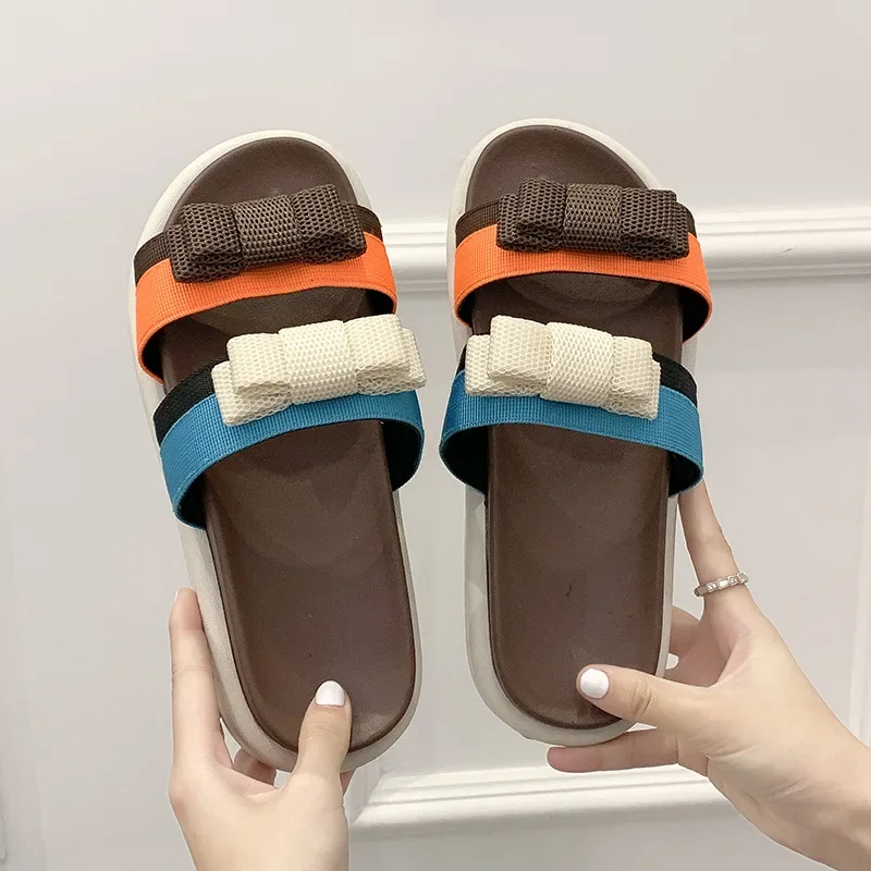 Hollow Out Mesh Colour Blocking Slippers Women Summer Bow Ins Fashion Thick Bottom Outdoor Sandals