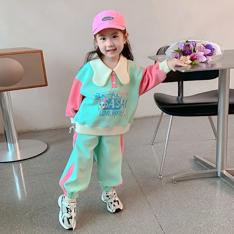 Autumn New Girls Fashion Suit Kids Cartoon Color Block Cotton Sets for Girls Soft Warm Waistcoat Children Fall Outwear
