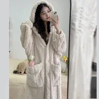 Autumn and Winter Nightwear for Women Flannel Dressing Gown for Women Coral Fleece Long Korean-Style Homewear Lazy Dressing Gown - Image 4