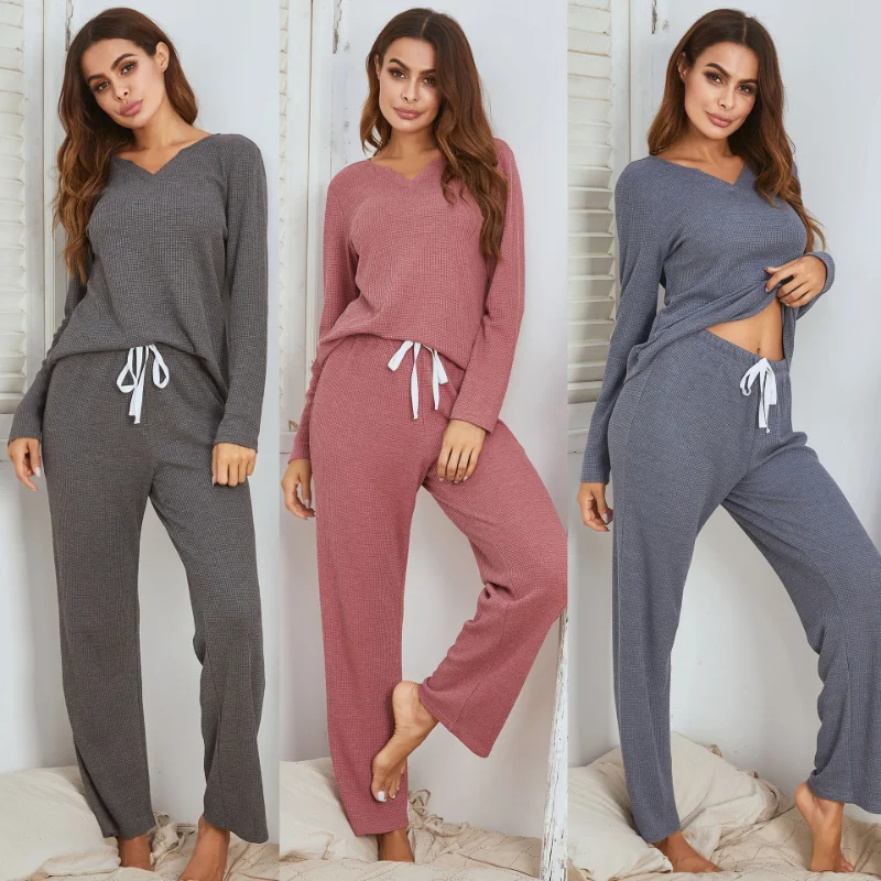 2022 Autumn Winter Warm Women's Home Wear Suit Comfortable Waffle Long Sleeve Waffle Pajamas Suit Sleepwear Sexy Pajamas New