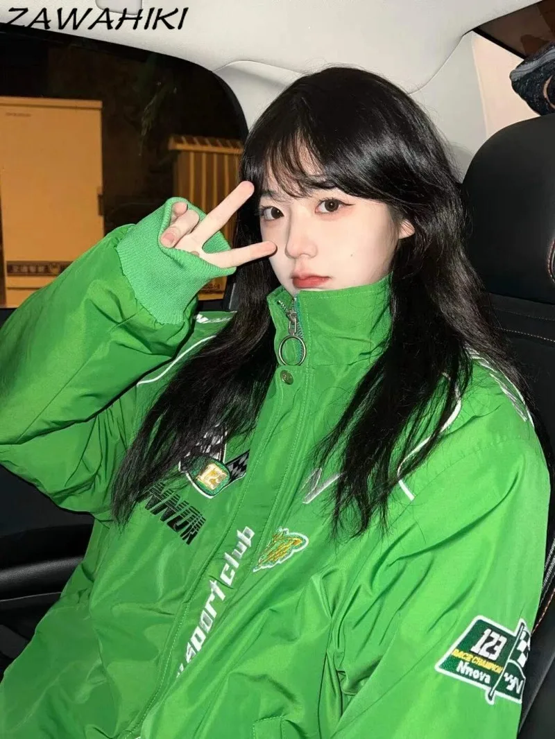 

Spring Autumn Chic Designed Loose Fashion Vintage Winter Clothes Women American Retro Green Letter Embroidery Casual Jackets