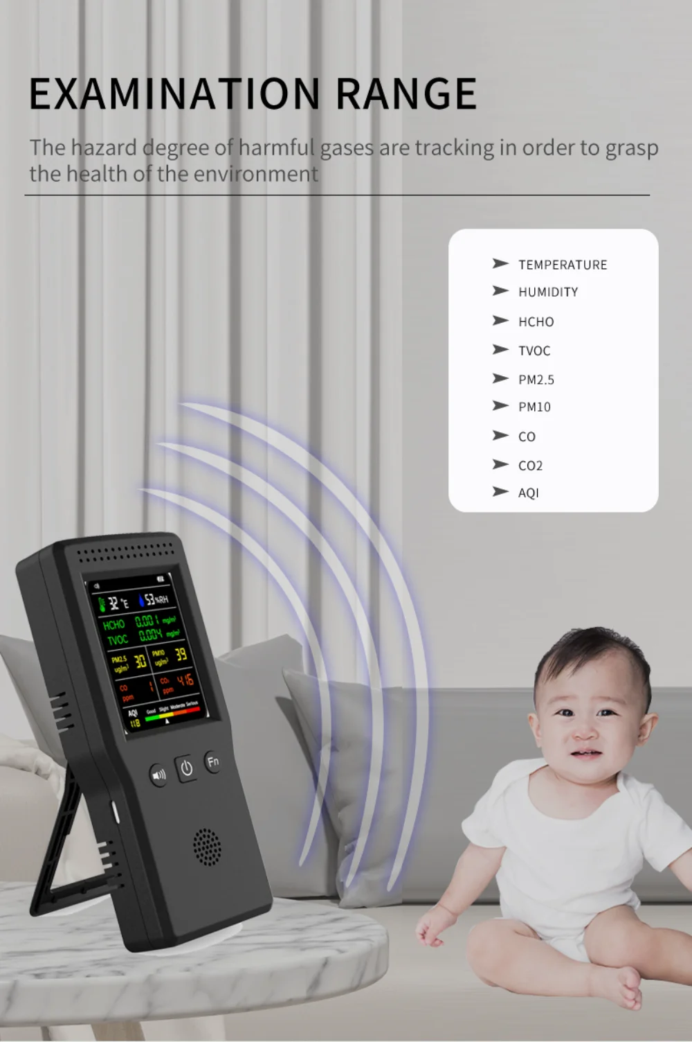 A baby is sitting in front of a monitor displaying the examination range for an air quality detector.