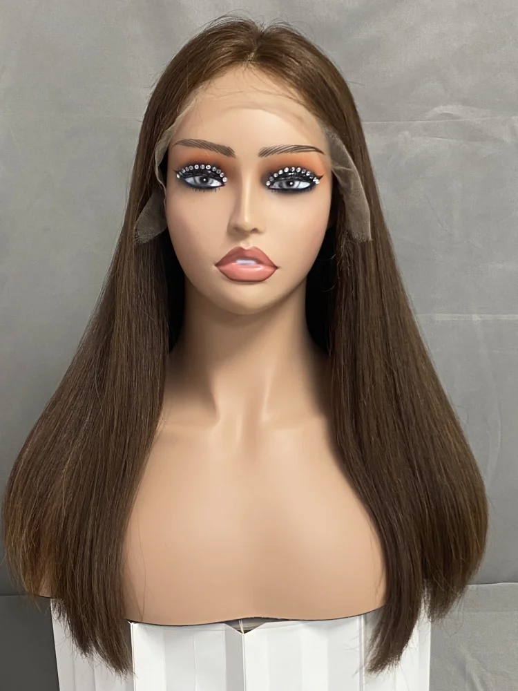 HD Lace Front Wigs No Layer Thick Hair Ends Medium Brown Color Virgin Human Hair Pre Plucked Lace Hairline Kosher Jewish Wigs