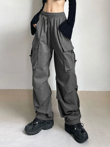 HOUZHOU Harajuku 여성용 오버사이즈 카고 낙하산 바지, 빈티지 Y2k 힙합 와이드 레그 조거, 헐렁한 스웨트 팬츠, 테크웨어 3
