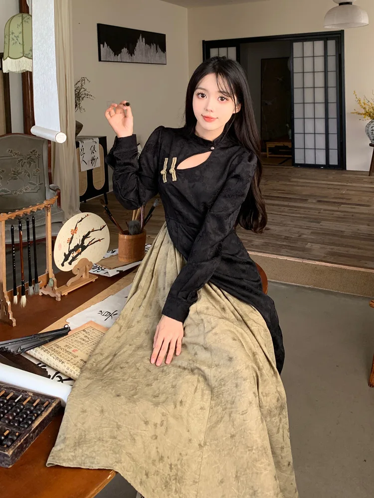 

New Chinese Style Fake Two-piece Long Sleeved Dress Autumn New Zen Style Atmosphere Design Slimming Mid Length Skirt for Women