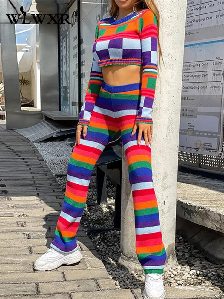 

WLWXR Summer Streetwear 2 Two Piece Sets Tracksuit Outfits Women Long Sleeve Crop Top Baggy Pants Grid Crochet Matching Sets