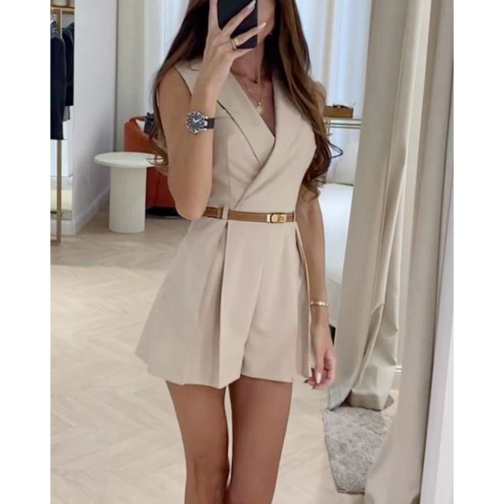Summer Women Solid Color Ruched Blazer Romper Fashion Nothched Collar Sleeveless Playsuit for Femme Elegant Work Wear Outfits