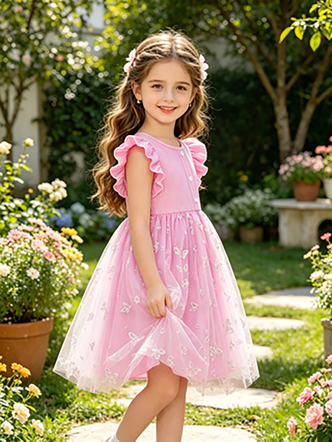 Pink Butterfly Embroidery Summer Princess Dress with Flutter Sleeves