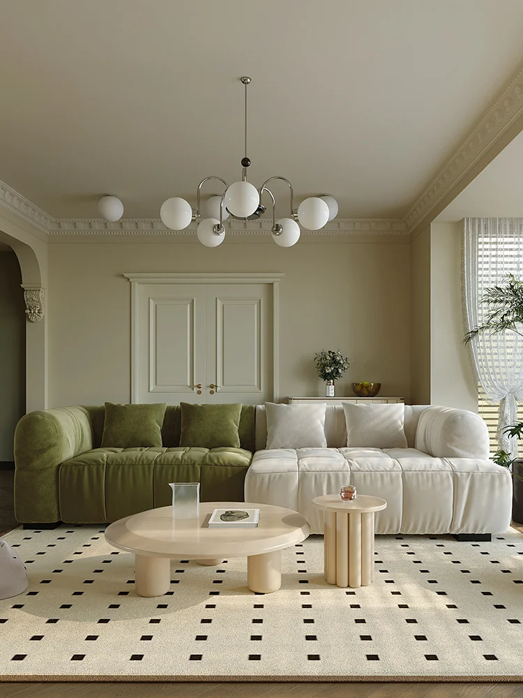 

Cream style technology cloth sofa Italian simple modern living room leisure lazy lady sofa green color straight row