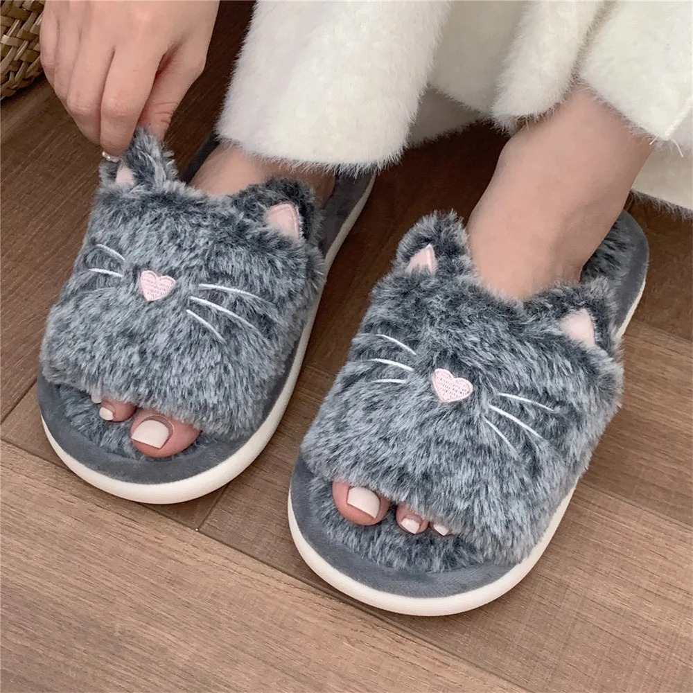 

ASIFN Women's Cotton Slippers Winter Cartoon Cute Warm Soft Sole Anti Slip Kitten Indoor Leisure Comfortable Plush Shoes Student