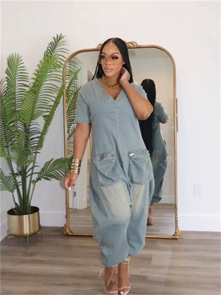 Wmstar Denim Jumpsuit Women Clothing Romper Sexy Casual New in Summer Fashion Pockets Zipper Back Pants Wholesale Dropshipping