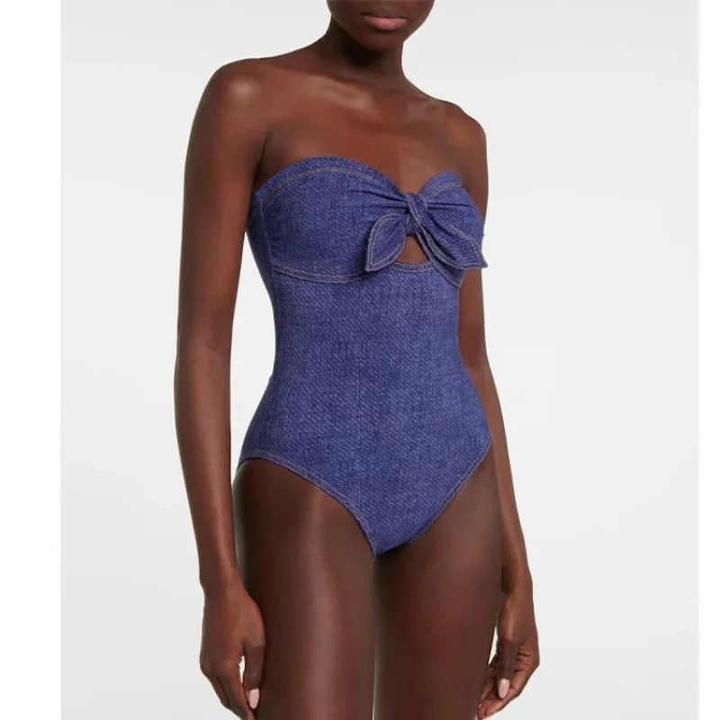 2024New Denim One-Piece Women's Swimsuit French Retro Belly-Covering Slimming Swimsuit Vacation Beach Dress