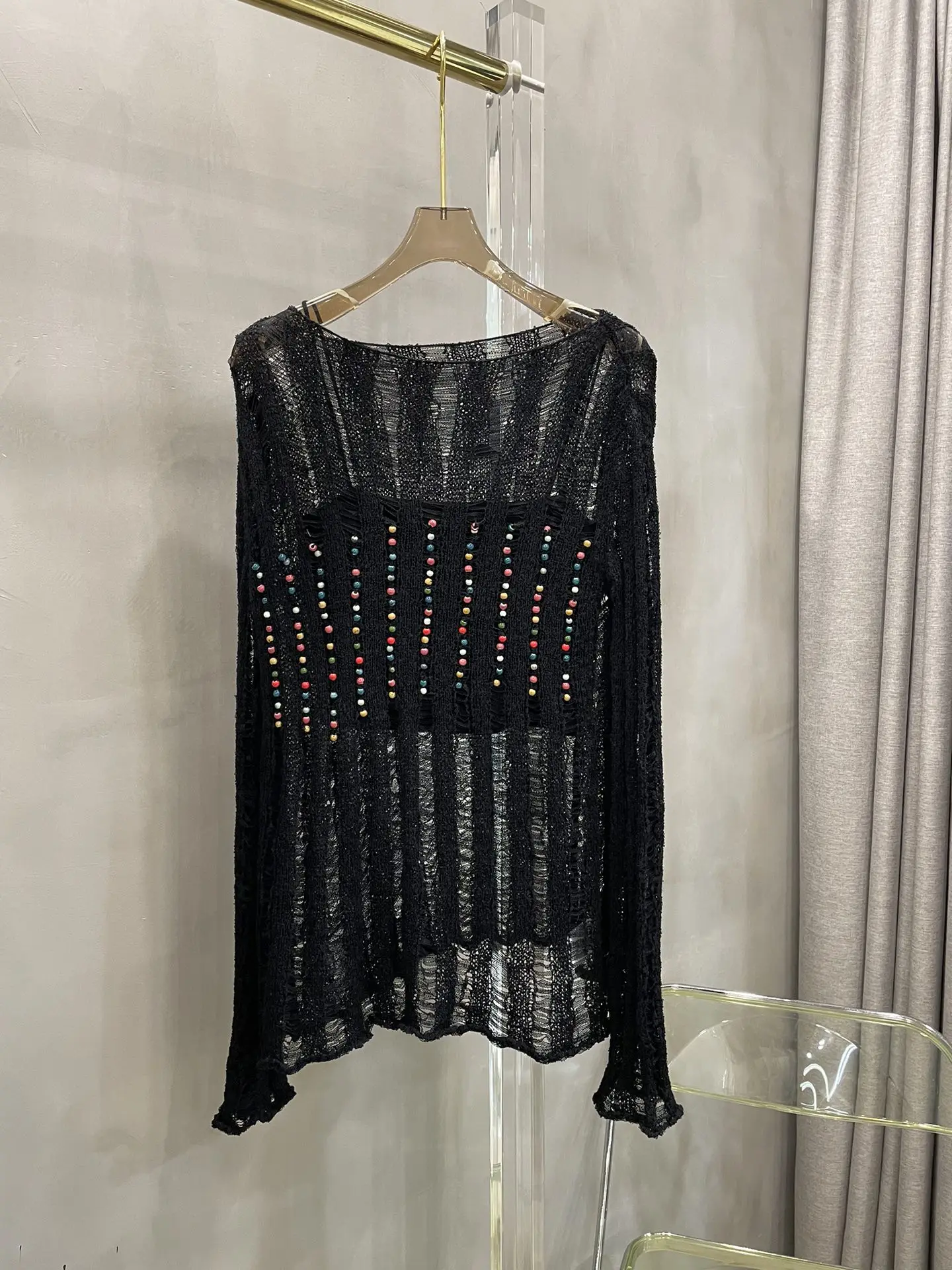 

Heavy duty beaded knit sunscreen tops casual fashion 2023 summer new