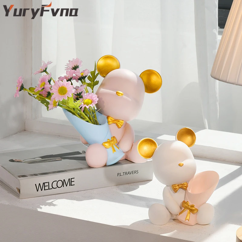 

YuryFvna Modern Resin Bouquet Bear Statue Vase Flower Arrangement Artist Polar Bear Brown Bear Home Decoration Gift