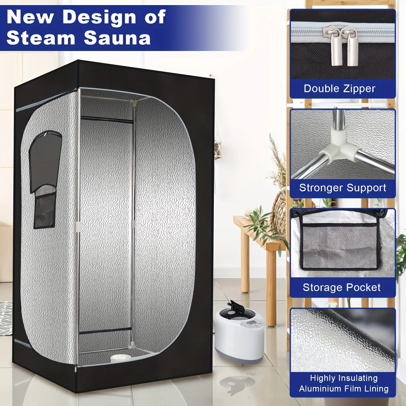 Portable Steam Sauna Tent, at Home Sauna Suit Full Body, for Indoor with 2.6L 1000 Watt Steamer, Folding Chair, Remote Control 3