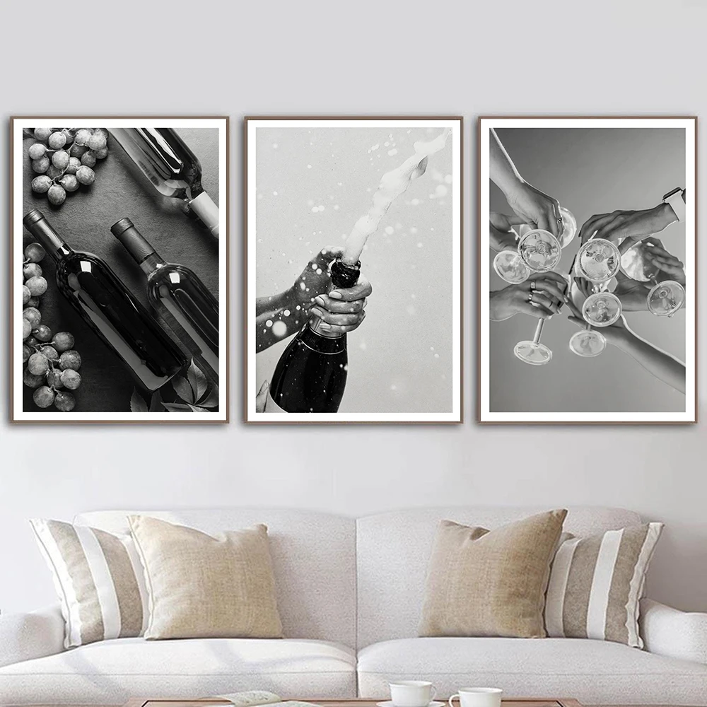 

Винные черно-белые постеры и принты, бутылка шампанского, праздничная Картина на холсте, скандинавские настенные картины для бара, кухни, домашний декор