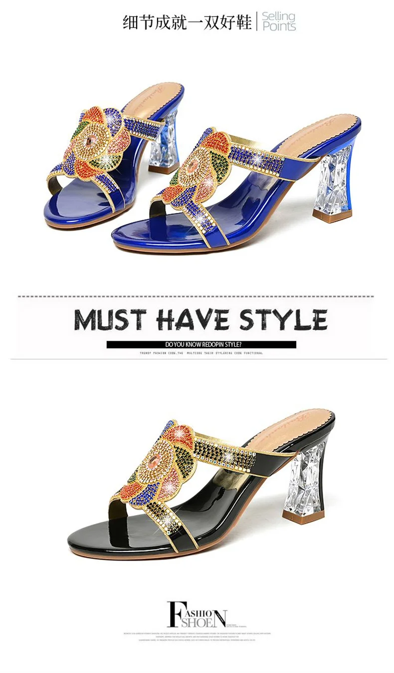 Summer New Comfort Non-slip High Heel Genuine Leather Crystal Inlaid Diamond Women's Beach Fashion Versatile Bohemian Shoes