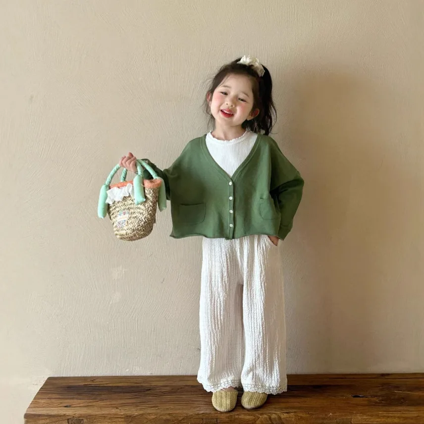 2025 가을 신상품: 아동복 얇은 가디건  털이 있는 단색 재킷 세트 (2피스 이너 포함)