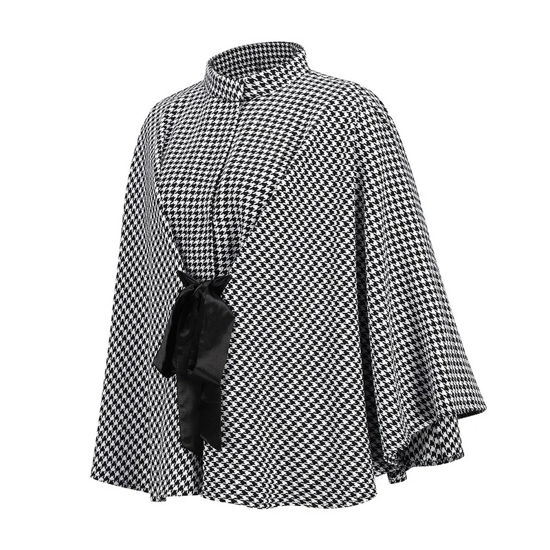 Retro Houndstooth Bowknot Cloaks Women Fashion O-Neck Pullover Autumn Winter Capes Thick Warm Grey Loose Ponchos with Free Belt