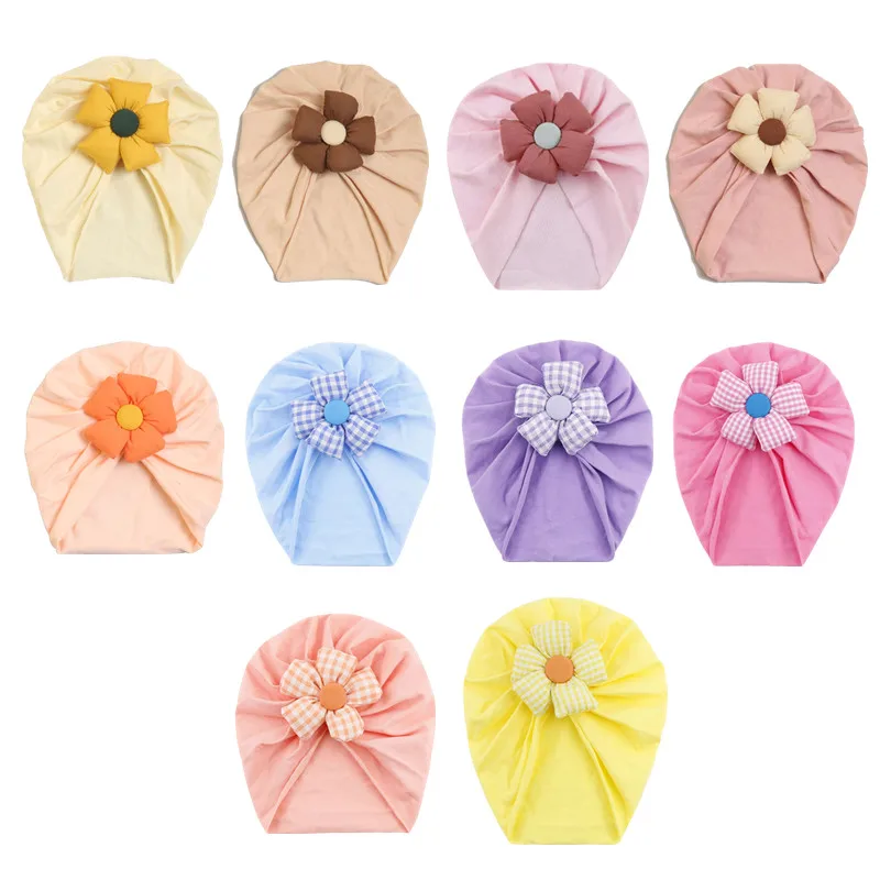 Spring Summer Newborn Baby Hat 3D Flower Knot Princess Baby Girls Bonnet Elastic Muslim Turban Hat Beanie Cap Accessories