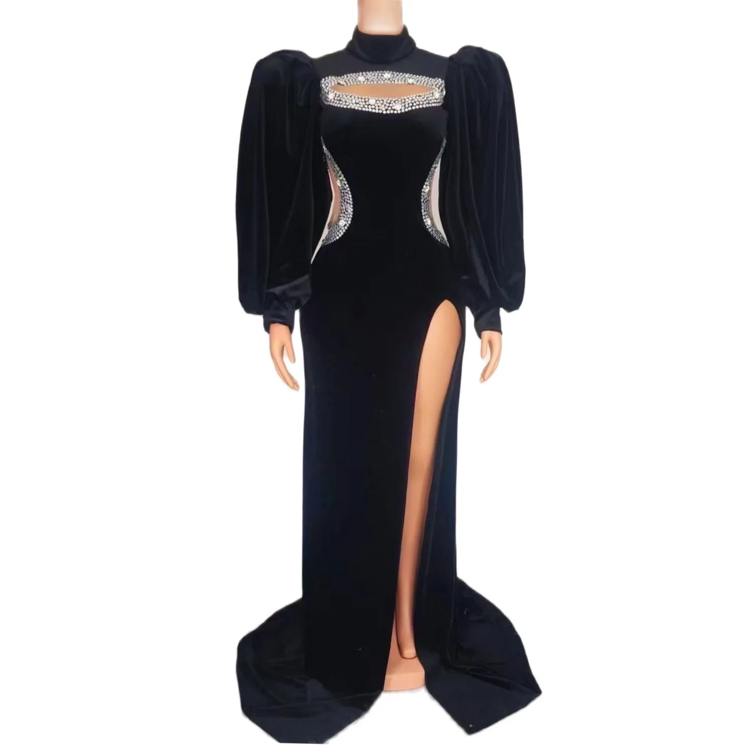 

Black Swan Velvet Sexy Puff Sleeves High Slit Hollow Out Rhinestones Long Dress For Women Evening Elegant Clothing Stage Costume