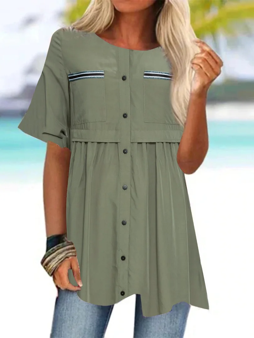 

Plus Size Women's Green Scoop Neck Short Sleeve Printed Top