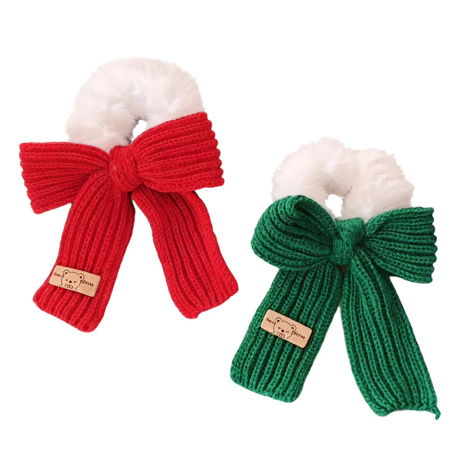 1/2PCS Christmas Knitted Bow Hair Scrunchies, Fuzzy Fur Elastic Hair Ties, Red Green Festive Hair Accessories For Women
