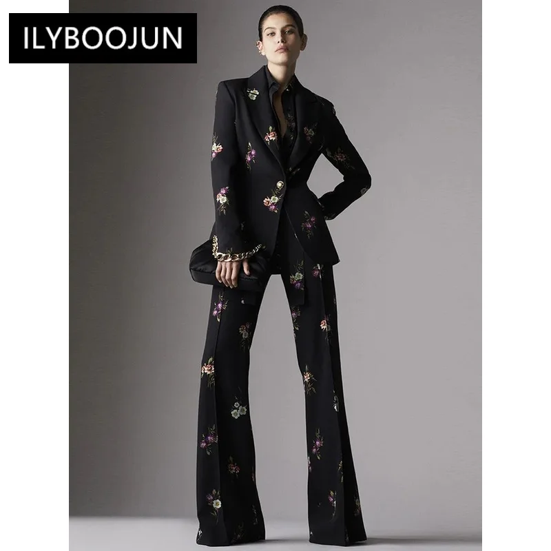 

Fashion Printed One Button Blazer Pants Set 2 Piece Set Office Business Wear Single Buttons Flared Pants Jacket Outfits Women