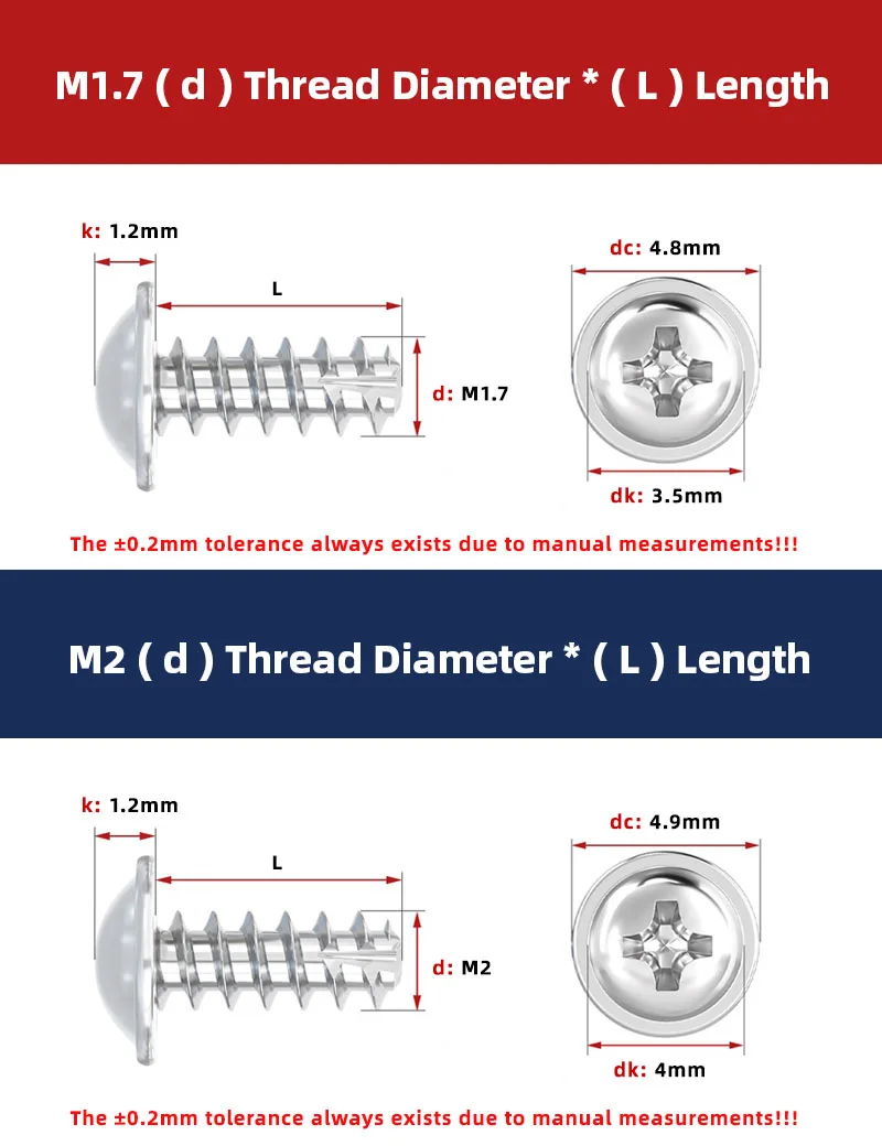 Description Picture 3 of item304 Stainless Steel Round Head Cushion Tapping Screw Phillips Head Tail cutting Screws Round Head Cross Break End Fasteners M1.7