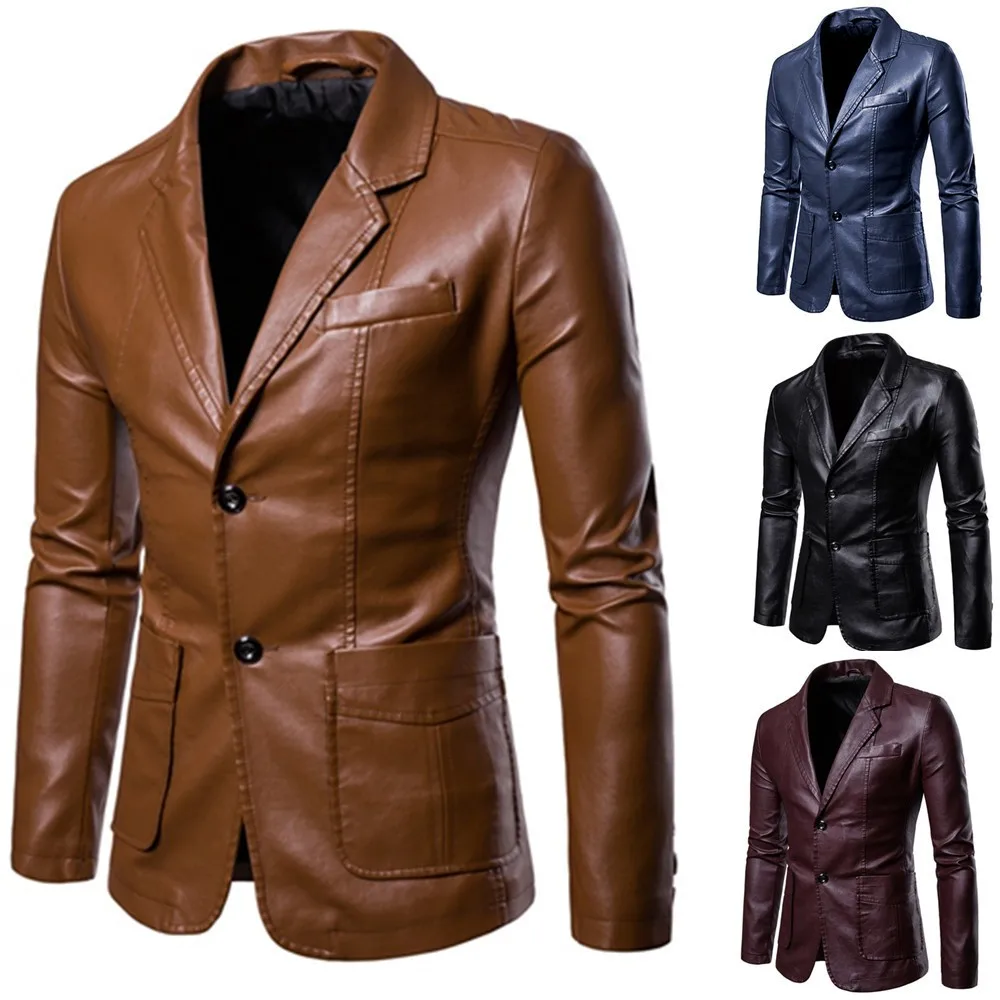 summer autumn men 2 pieces set loosetuxedo male blazers suit set high quality dress jacket coat pants suits Spring Autumn Fashion New Men's Lapel Leather Dress Suit Coat / Male Business Casual Pu Blazers Jacket