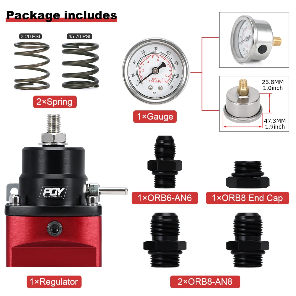 Universal Aluminum Fuel Pressure Regulator AN8 Feed & AN6 Return Line W/ 0-160PSI Gauge Set 3-20 20-45 45-70 Pressure Springs 3