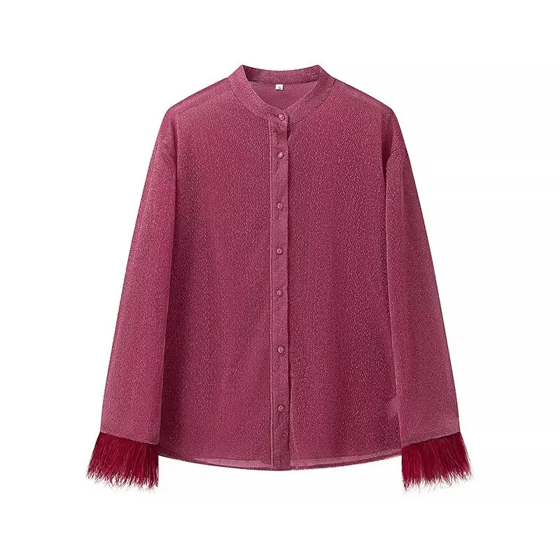 thumbnail image 1 of HH TRAF Conjunto de pantalón de diseño elegante de nicho de otoño para mujer, camisa de manga larga para mujer, top liso con decoración de plumas y botonadura sencilla para mujer, 1 of 4
