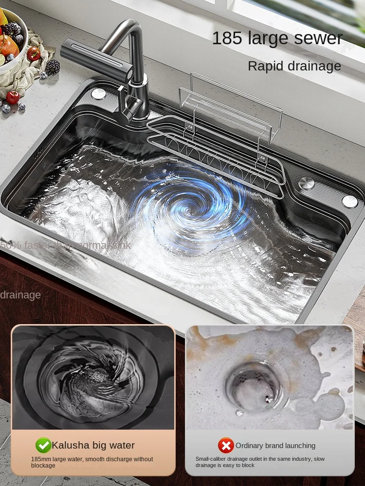 Black Nano 304 StainlessSteel Kitchen Flying Waterfall Digital Display Large Single Dish Basin Sink Honeycomb Silver Water