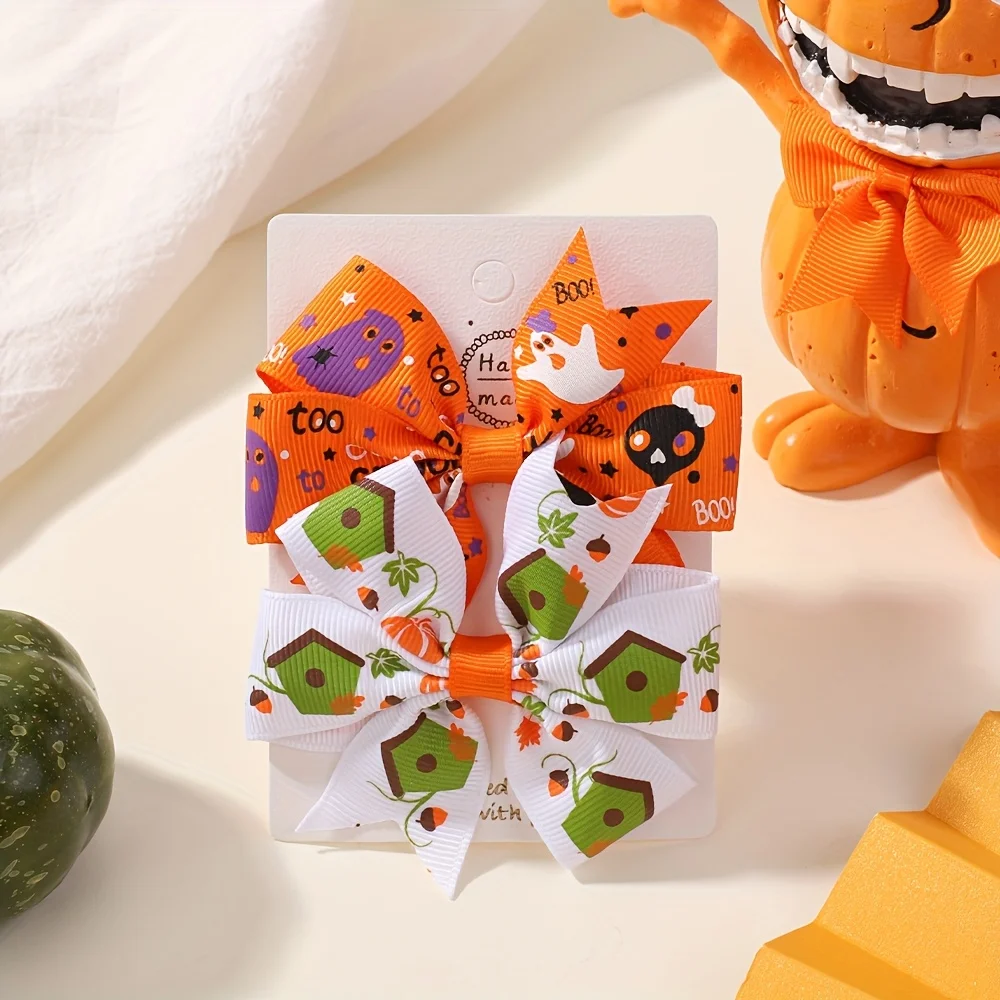 4/12 Stücke Kürbis Halloween Ripsband Haarbögen Haarspangen Mädchen Haarspangen Haarnadeln Kinder Haarschmuck Set Geschenke – Detail 11