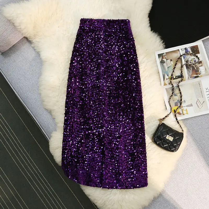 

Autumn Spring Purple Velvet Sequin 2024 New Fashion Women High Waist Glitter Bodycon Split Party Midi Skirt