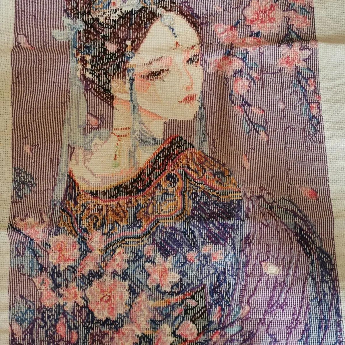 [순수 수제 크로스 스티치 완제품] 보라색 옷, 꽃단, 그림 하트 사이즈 47 × 64, 침실, 서재, 레스토랑