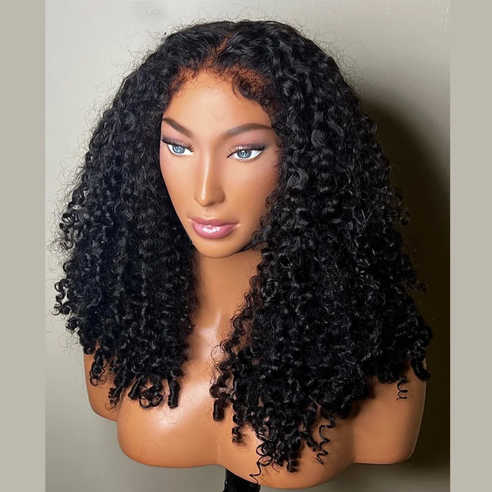 

Natural Black Long 24Inch Soft Glueless Kinky Curly Lace Front Wig For Women With Baby Hair Synthetic Preplucked Daily Fashion