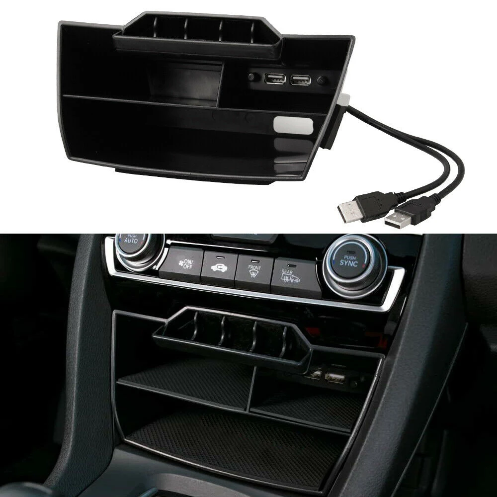 Honda Civic 2016 2017 2018 2019 인테리어 액세서리 자동차 블랙 ABS 내부 콘솔 USB Port-X59A가있는 중앙 보관함