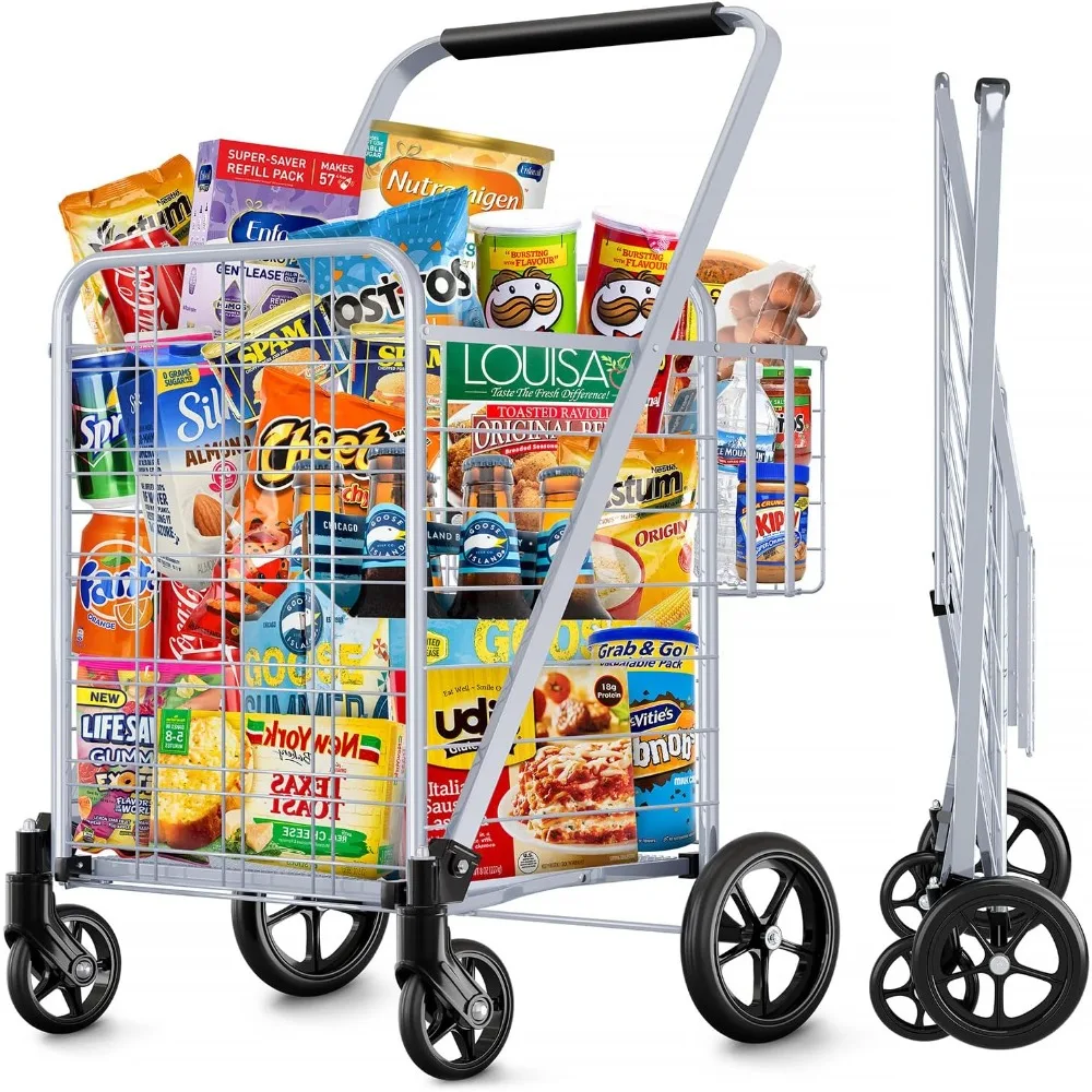 

Shopping Cart, Jumbo Double Basket Grocery Cart 350 lbs Capacity Folding Shopping Cart with 360° Rolling Swivel Wheels Super