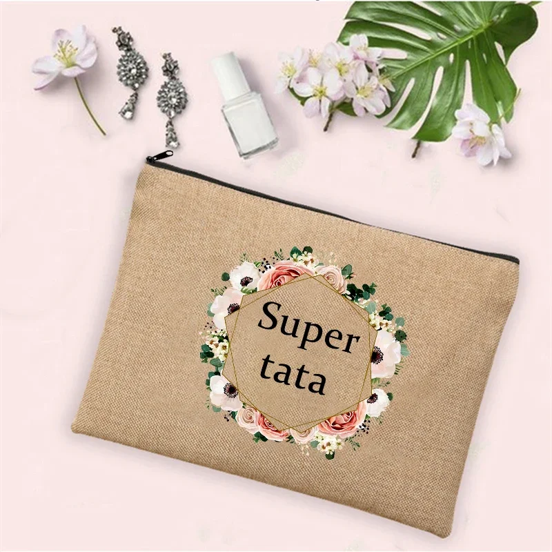 Best Gifts for Tata Super Tata Wreath Print  Linen Zipper Pouch Travel Toiletry Organizer Cosmetic Bag Women Neceser Makeup Bags